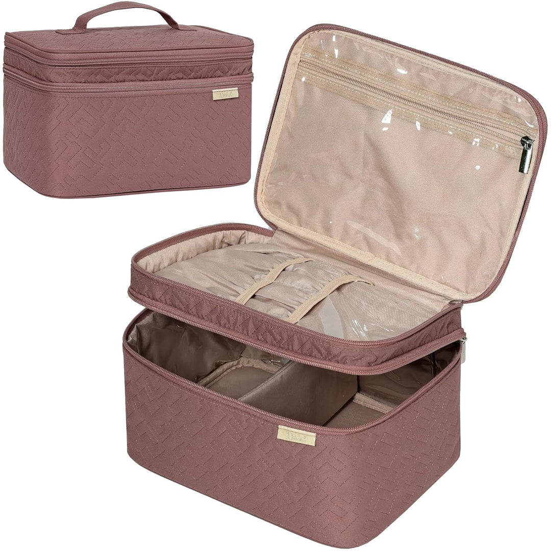 NISHEL Large Double Layer Travel Makeup Bag Women, Cosmetic Case, Organizer for Travel - Size Accessories Bottles, Brushes, Conditioner, and Skin Care Products, Pink - Absolute Discounts