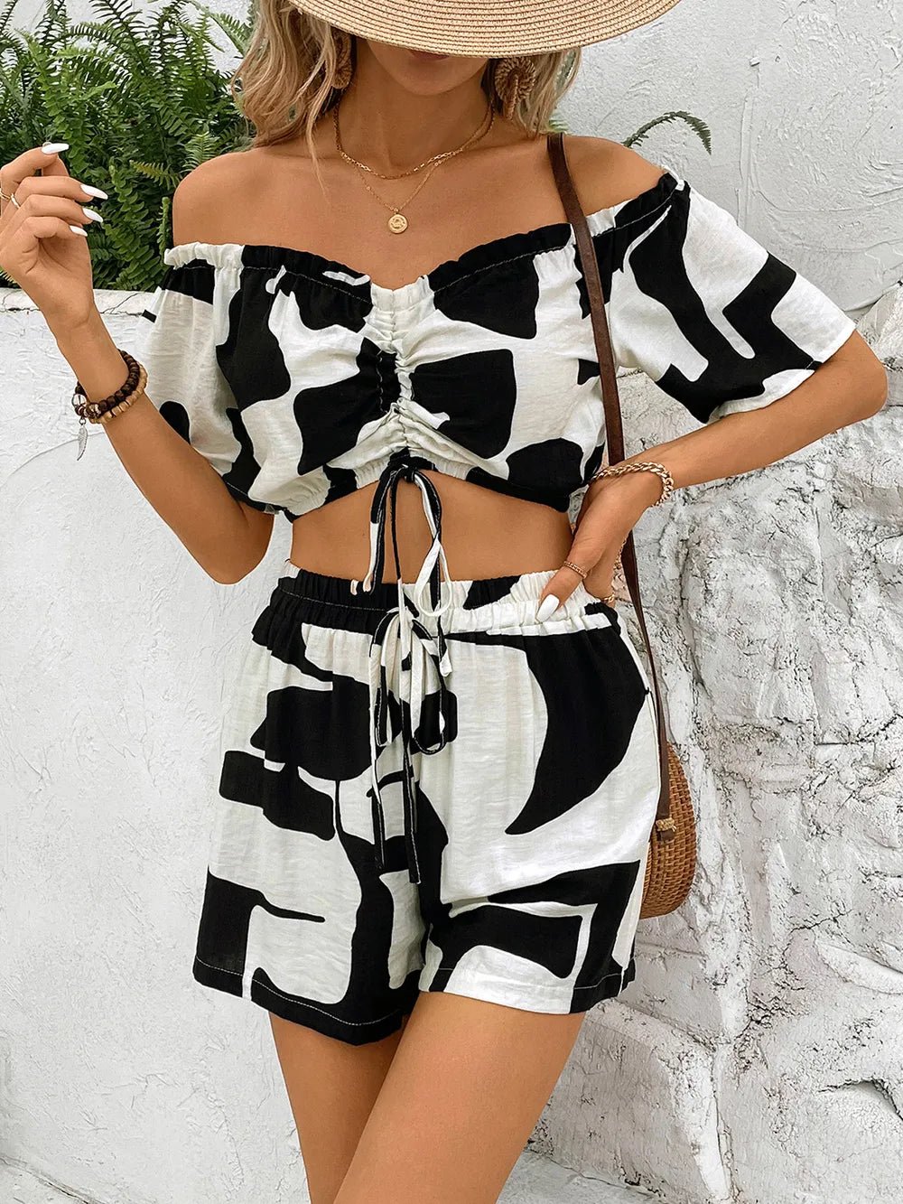 Perfee Drawstring Off - Shoulder Top and Shorts Set - Absolute Discounts