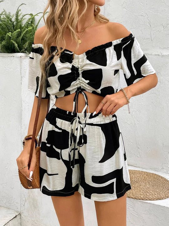 Perfee Drawstring Off - Shoulder Top and Shorts Set - Absolute Discounts