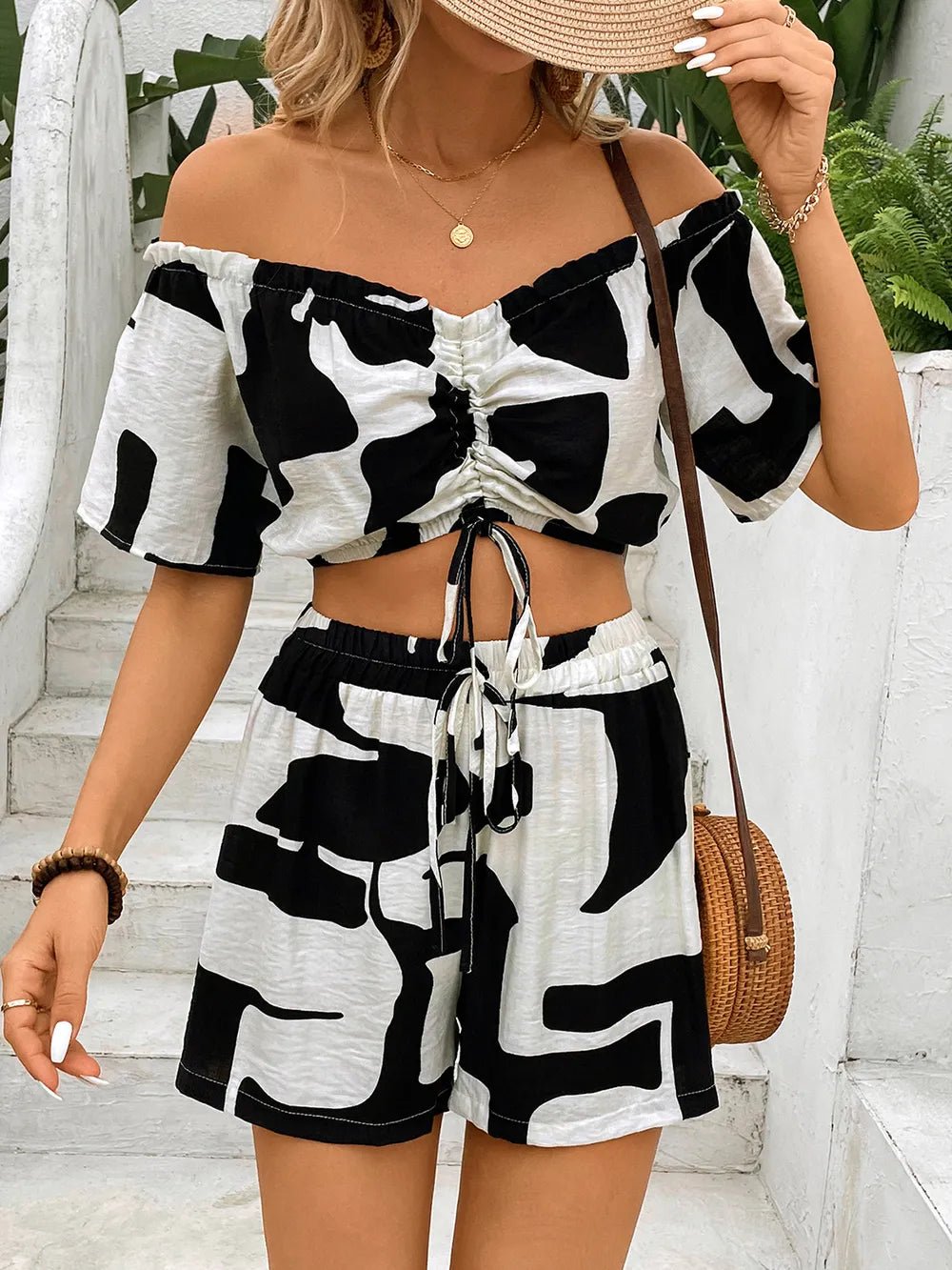 Perfee Drawstring Off - Shoulder Top and Shorts Set - Absolute Discounts
