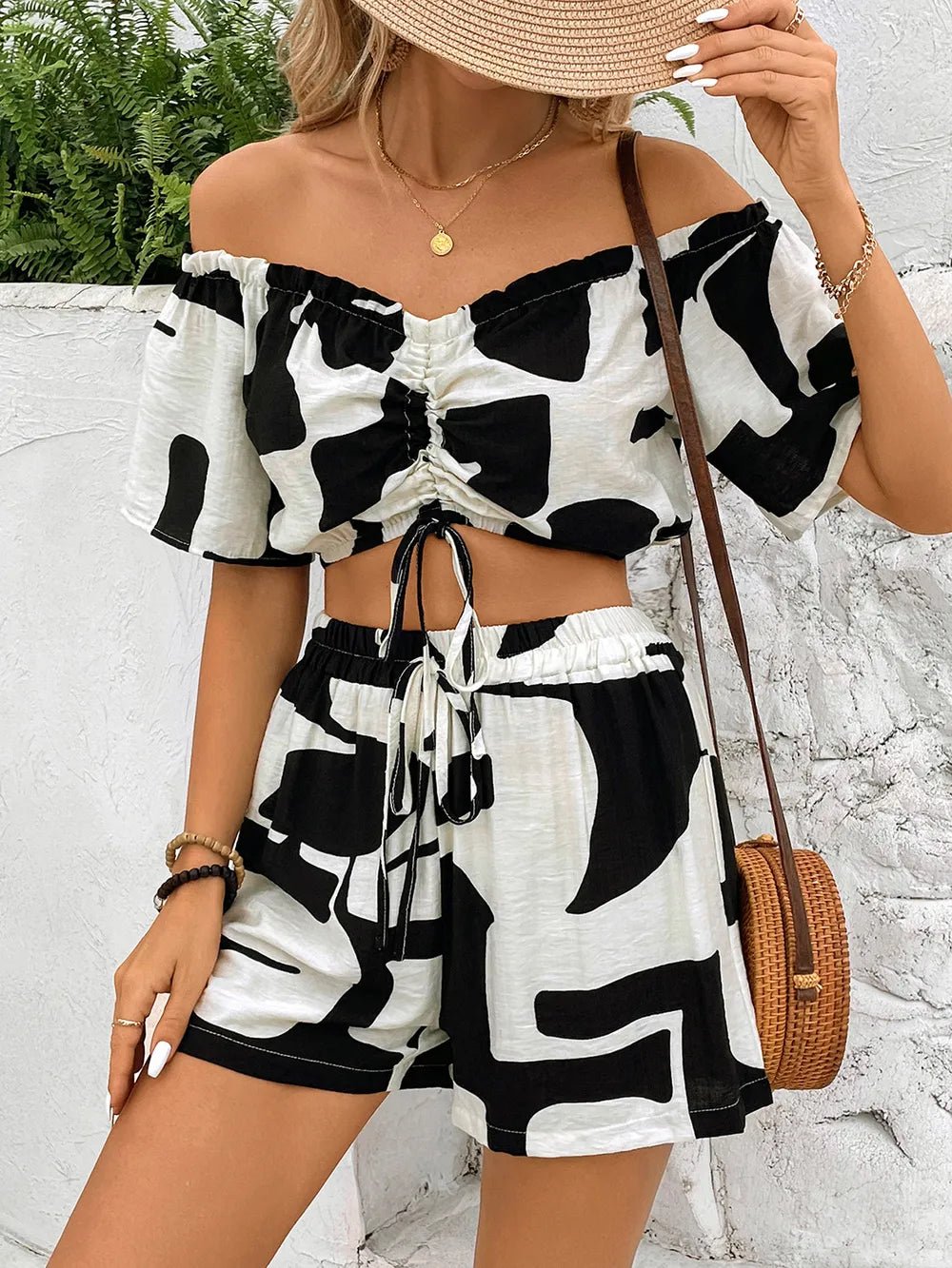 Perfee Drawstring Off - Shoulder Top and Shorts Set - Absolute Discounts