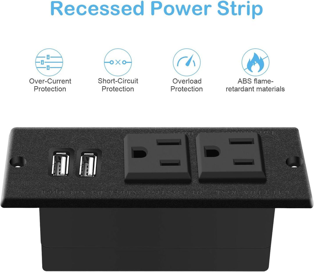 Recessed Power Strip, Black Desktop Power Grommet Socket with Furniture, 2 AC Outlets & 2 USB Ports for Conference Desk,Kitchen,Office,Home,Hotel (9.85 Ft) - Absolute Discounts