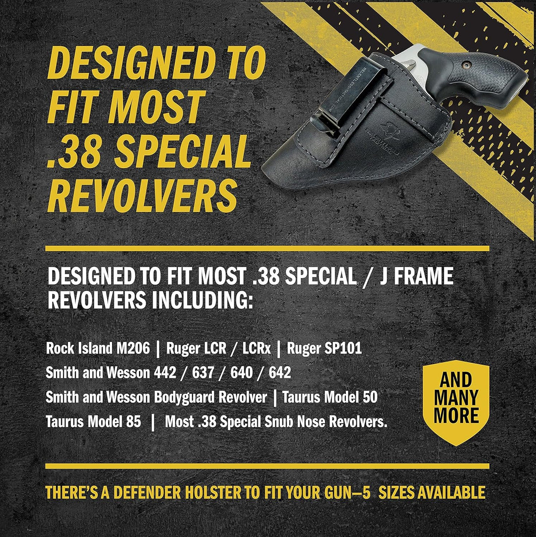 The Defender Leather IWB Holster - Fits Most J Frame Revolvers Incl. Ruger LCR, S&W 442/642, Taurus, Charter & Most .38 Special Revolvers - Made in USA - Absolute Discounts