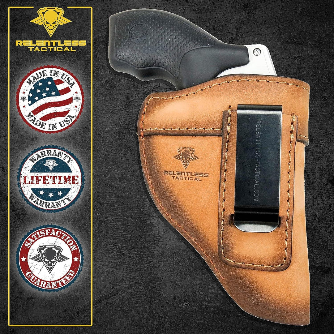 The Defender Leather IWB Holster - Fits Most J Frame Revolvers Incl. Ruger LCR, S&W 442/642, Taurus, Charter & Most .38 Special Revolvers - Made in USA - Absolute Discounts