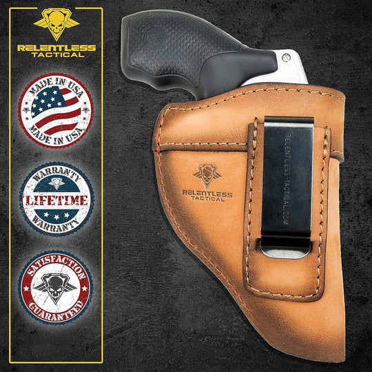 The Defender Leather IWB Holster - Fits Most J Frame Revolvers Incl. Ruger LCR, S&W 442/642, Taurus, Charter & Most .38 Special Revolvers - Made in USA - Absolute Discounts