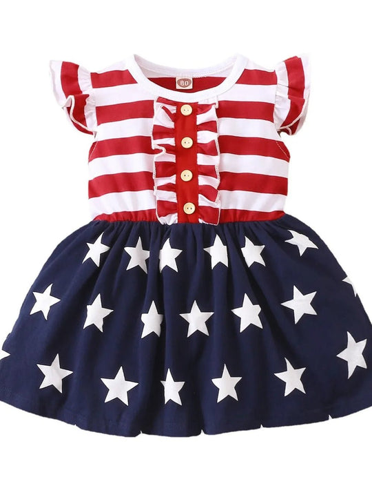 Striped & Stars Ruffled Round Neck Cap Sleeve Dress - Absolute Discounts