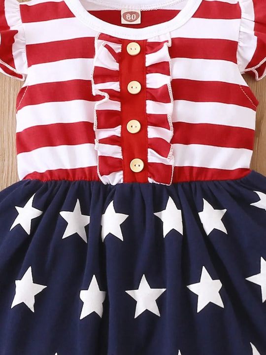 Striped & Stars Ruffled Round Neck Cap Sleeve Dress - Absolute Discounts