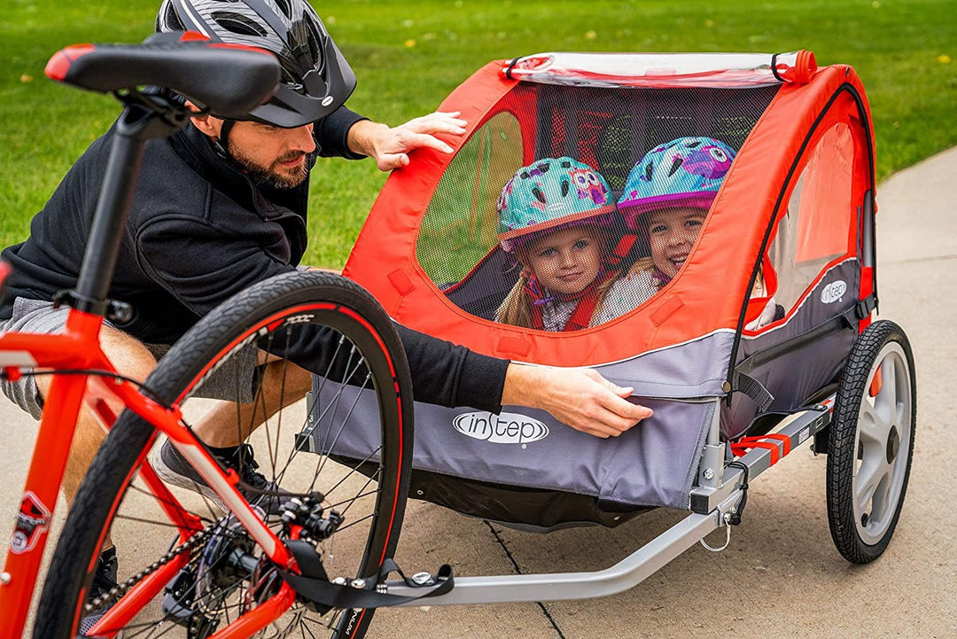 Sync and Take 2 Bike Trailer for Kids, Single and Double Seat Options, 5 - Point Harness, Folding Frame, Quick Release Wheels, Easy Storage, with Bug Screen & Weather Shield, Bike Attachment - Absolute Discounts