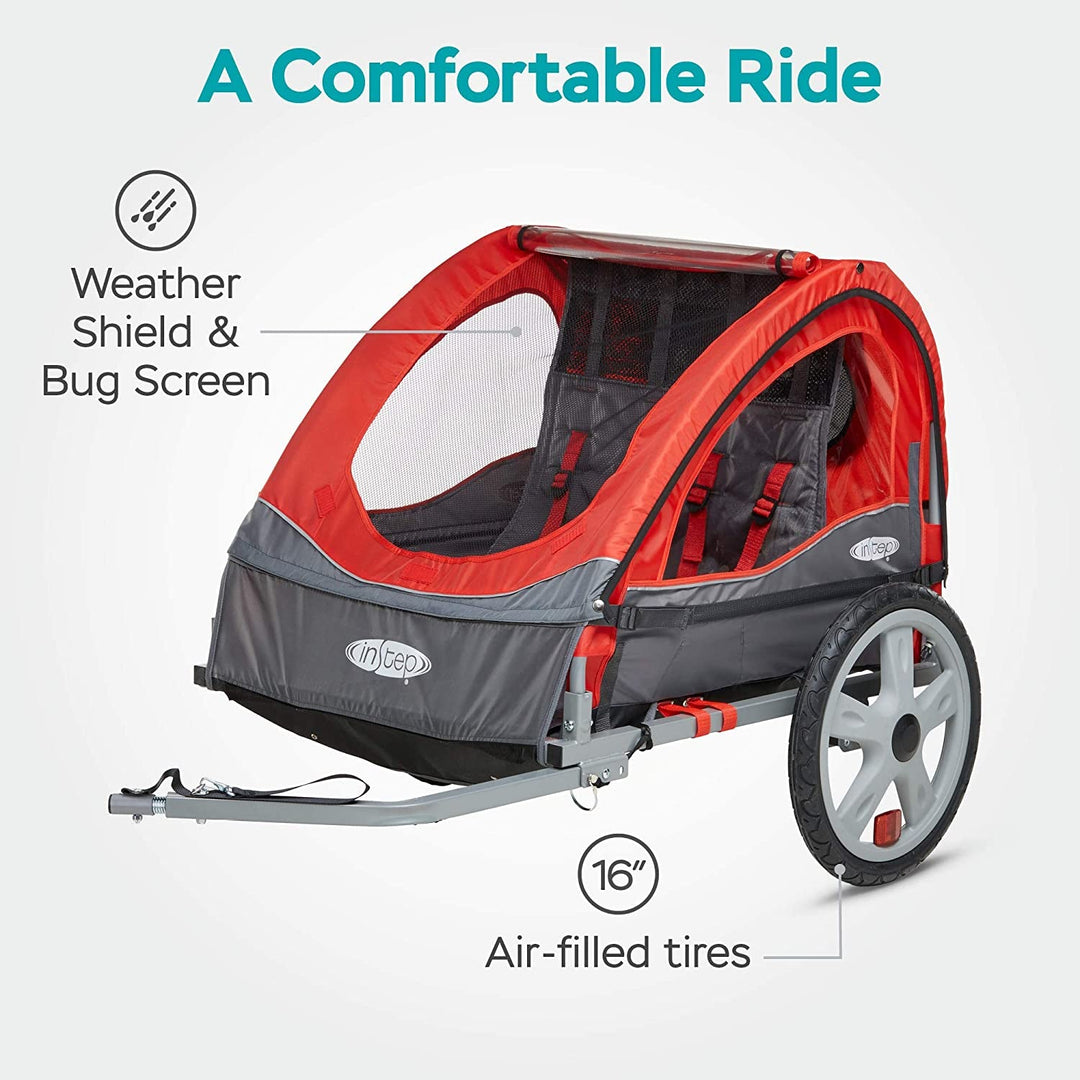 Sync and Take 2 Bike Trailer for Kids, Single and Double Seat Options, 5 - Point Harness, Folding Frame, Quick Release Wheels, Easy Storage, with Bug Screen & Weather Shield, Bike Attachment - Absolute Discounts