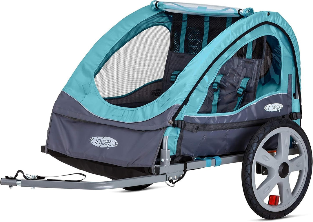 Sync and Take 2 Bike Trailer for Kids, Single and Double Seat Options, 5 - Point Harness, Folding Frame, Quick Release Wheels, Easy Storage, with Bug Screen & Weather Shield, Bike Attachment - Absolute Discounts