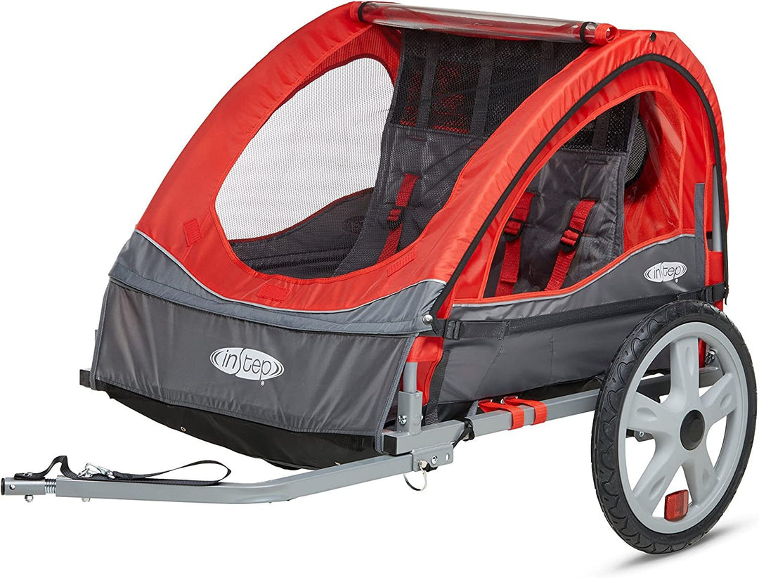 Sync and Take 2 Bike Trailer for Kids, Single and Double Seat Options, 5 - Point Harness, Folding Frame, Quick Release Wheels, Easy Storage, with Bug Screen & Weather Shield, Bike Attachment - Absolute Discounts