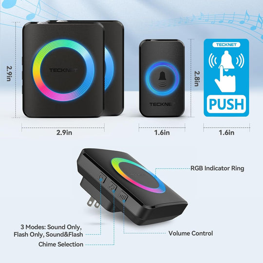 TECKNET Wireless Doorbell with 2 Plug - In Receivers, IP65 Waterproof Doorbells for Home, 1300Ft Operating Range, 60 Melodies & 5 Volume Levels of 0 - 120 Db, RGB Light for Hearing Impaired - Absolute Discounts