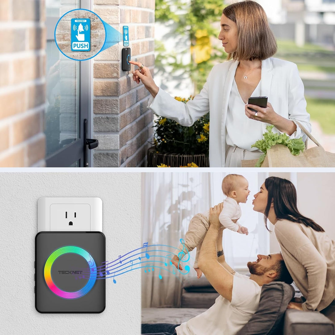 TECKNET Wireless Doorbell with 2 Plug - In Receivers, IP65 Waterproof Doorbells for Home, 1300Ft Operating Range, 60 Melodies & 5 Volume Levels of 0 - 120 Db, RGB Light for Hearing Impaired - Absolute Discounts