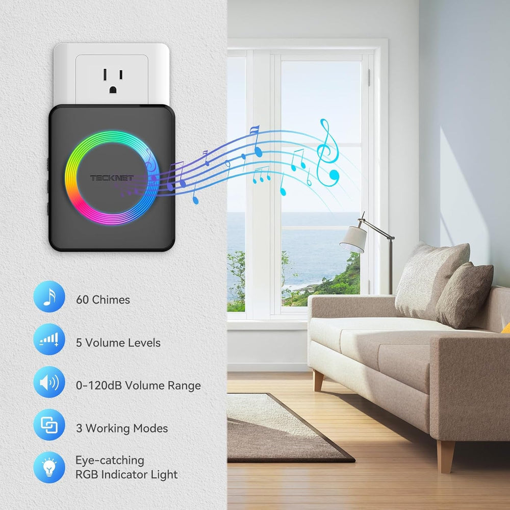 TECKNET Wireless Doorbell with 2 Plug - In Receivers, IP65 Waterproof Doorbells for Home, 1300Ft Operating Range, 60 Melodies & 5 Volume Levels of 0 - 120 Db, RGB Light for Hearing Impaired - Absolute Discounts