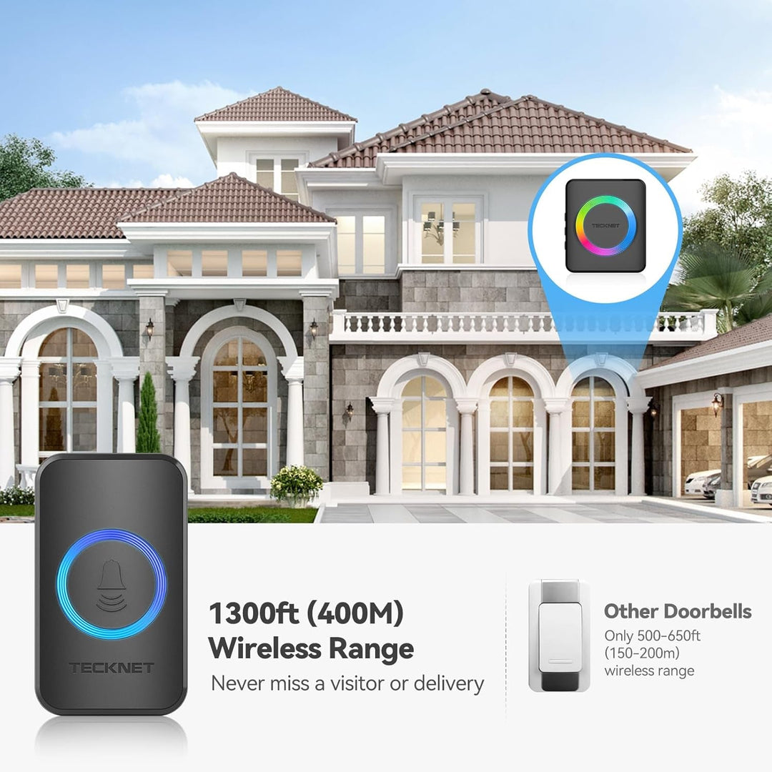 TECKNET Wireless Doorbell with 2 Plug - In Receivers, IP65 Waterproof Doorbells for Home, 1300Ft Operating Range, 60 Melodies & 5 Volume Levels of 0 - 120 Db, RGB Light for Hearing Impaired - Absolute Discounts