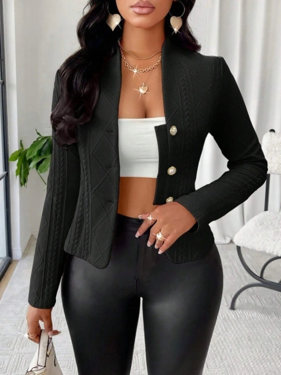 Textured Button Up Long Sleeve Jacket - Absolute Discounts