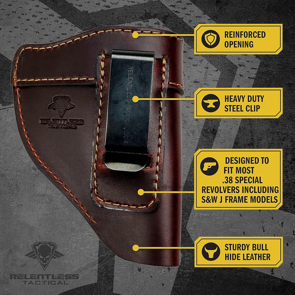 The Defender Leather IWB Holster - Fits Most J Frame Revolvers Incl. Ruger LCR, S&W 442/642, Taurus, Charter & Most .38 Special Revolvers - Made in USA - Absolute Discounts