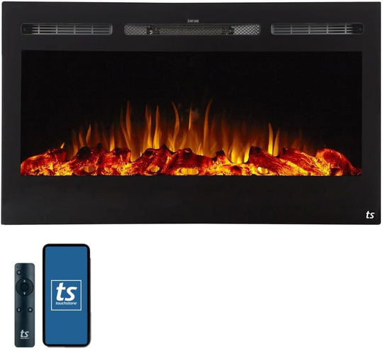 Touchstone Smart Electric Fireplace - The Forte 40" Recessed Mounted - 30 Realistic Ember Color/Flame Options - 1,500W Heater W/Thermostat - Black - Log & Crystal Hearth Options - Alexa/Wifi Enabled - Absolute Discounts