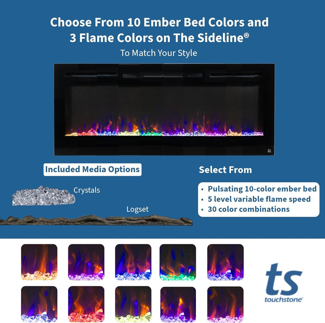 Touchstone Smart Electric Fireplace - The Forte 40" Recessed Mounted - 30 Realistic Ember Color/Flame Options - 1,500W Heater W/Thermostat - Black - Log & Crystal Hearth Options - Alexa/Wifi Enabled - Absolute Discounts