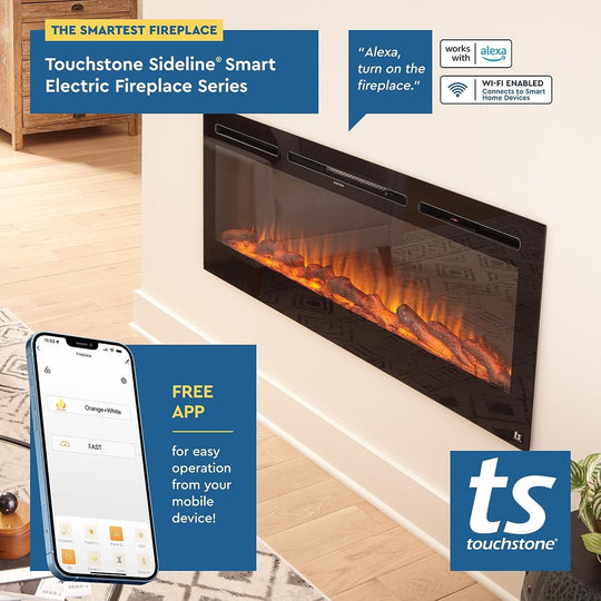 Touchstone Smart Electric Fireplace - The Forte 40" Recessed Mounted - 30 Realistic Ember Color/Flame Options - 1,500W Heater W/Thermostat - Black - Log & Crystal Hearth Options - Alexa/Wifi Enabled - Absolute Discounts