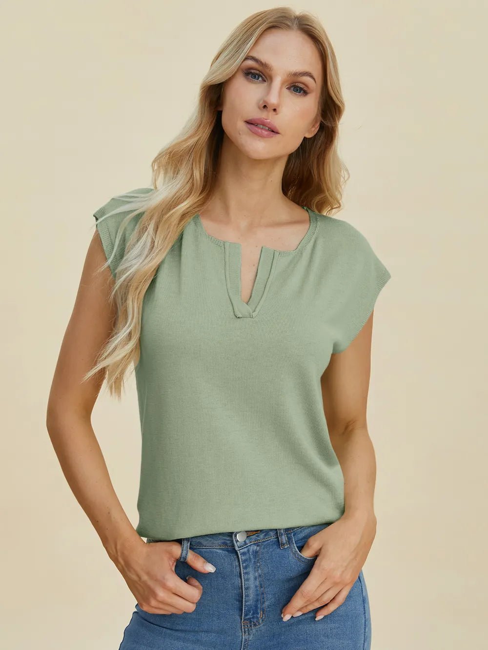 Double Take Full Size Notched Cap Sleeve Knit Top - Absolute Discounts