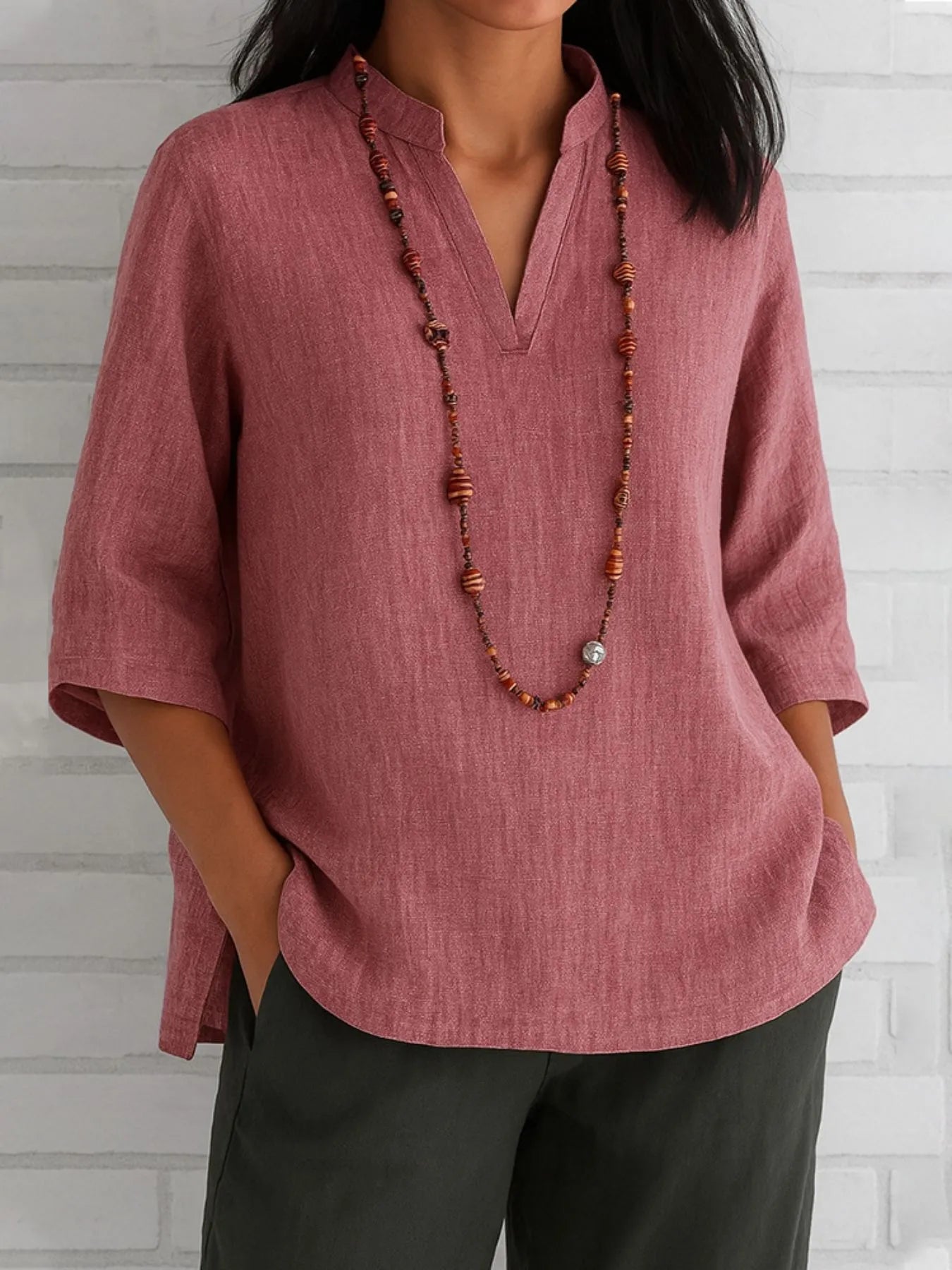 Full Size Notched Three - Quarter Sleeves Blouse Plus Size - Absolute Discounts