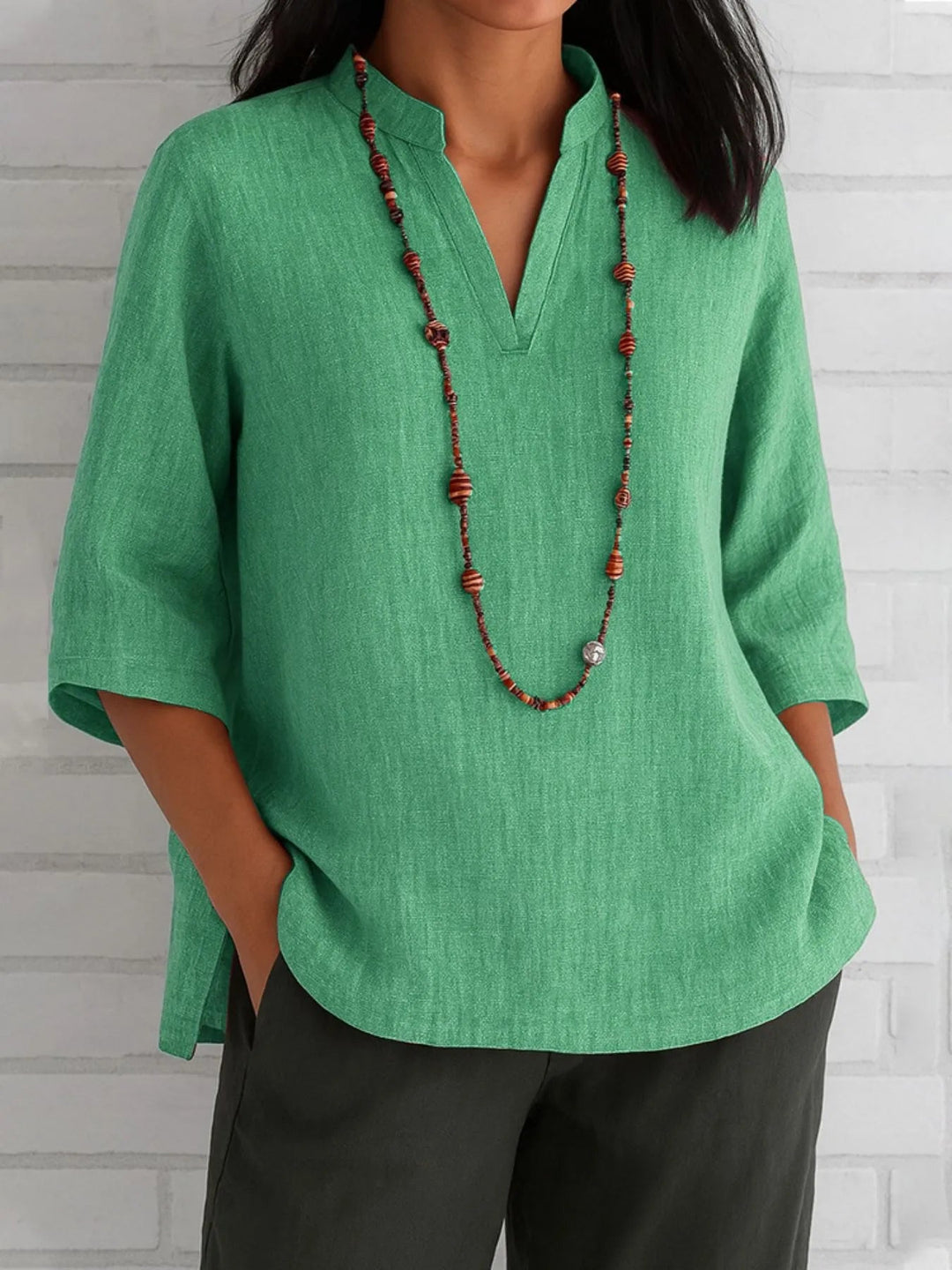 Full Size Notched Three - Quarter Sleeves Blouse Plus Size - Absolute Discounts