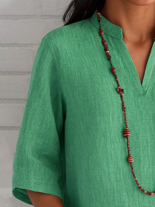 Full Size Notched Three - Quarter Sleeves Blouse Plus Size - Absolute Discounts
