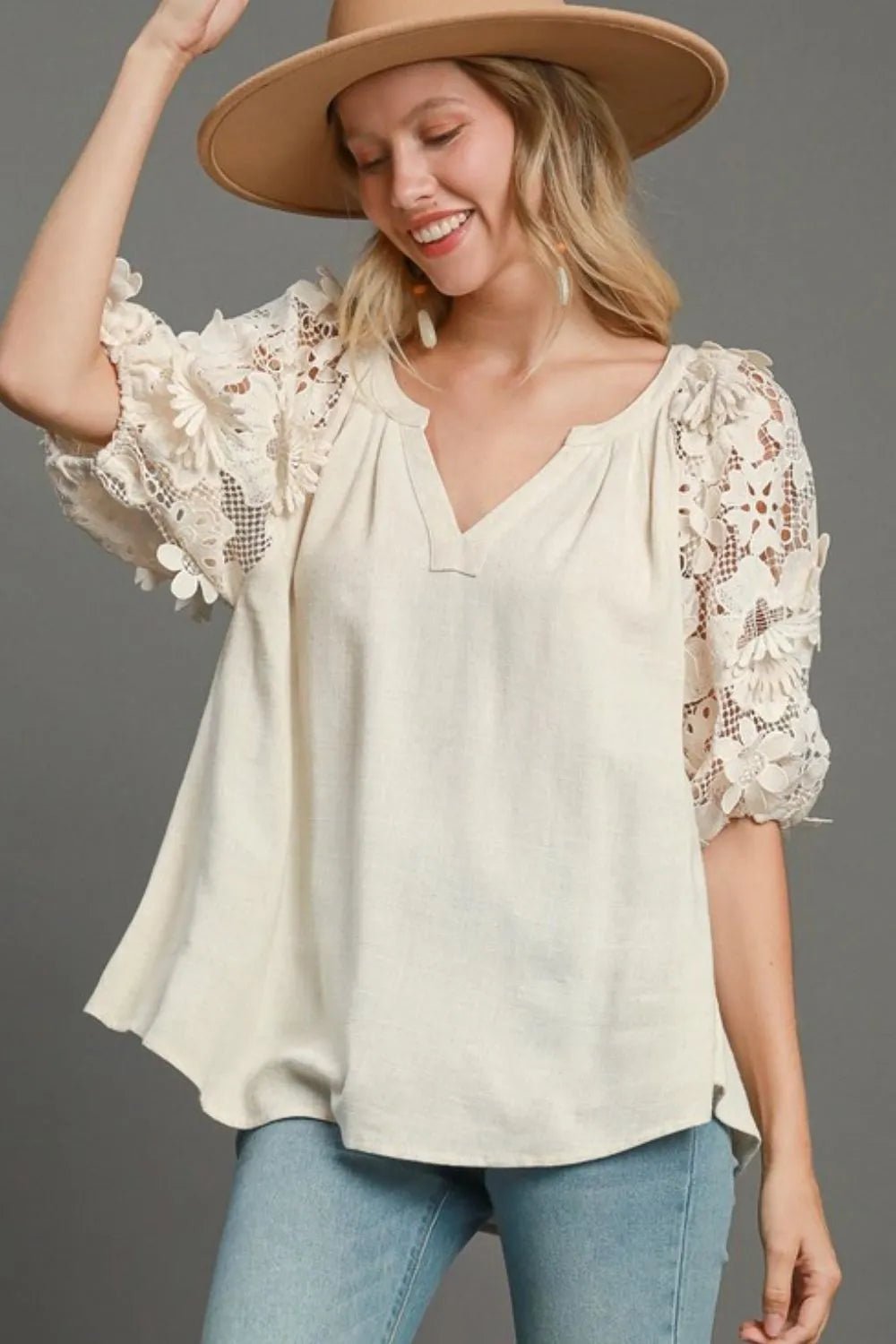 Umgee Full Size French Terry Boxy Cut Top with 3D Floral Sleeve Plus Size - Absolute Discounts