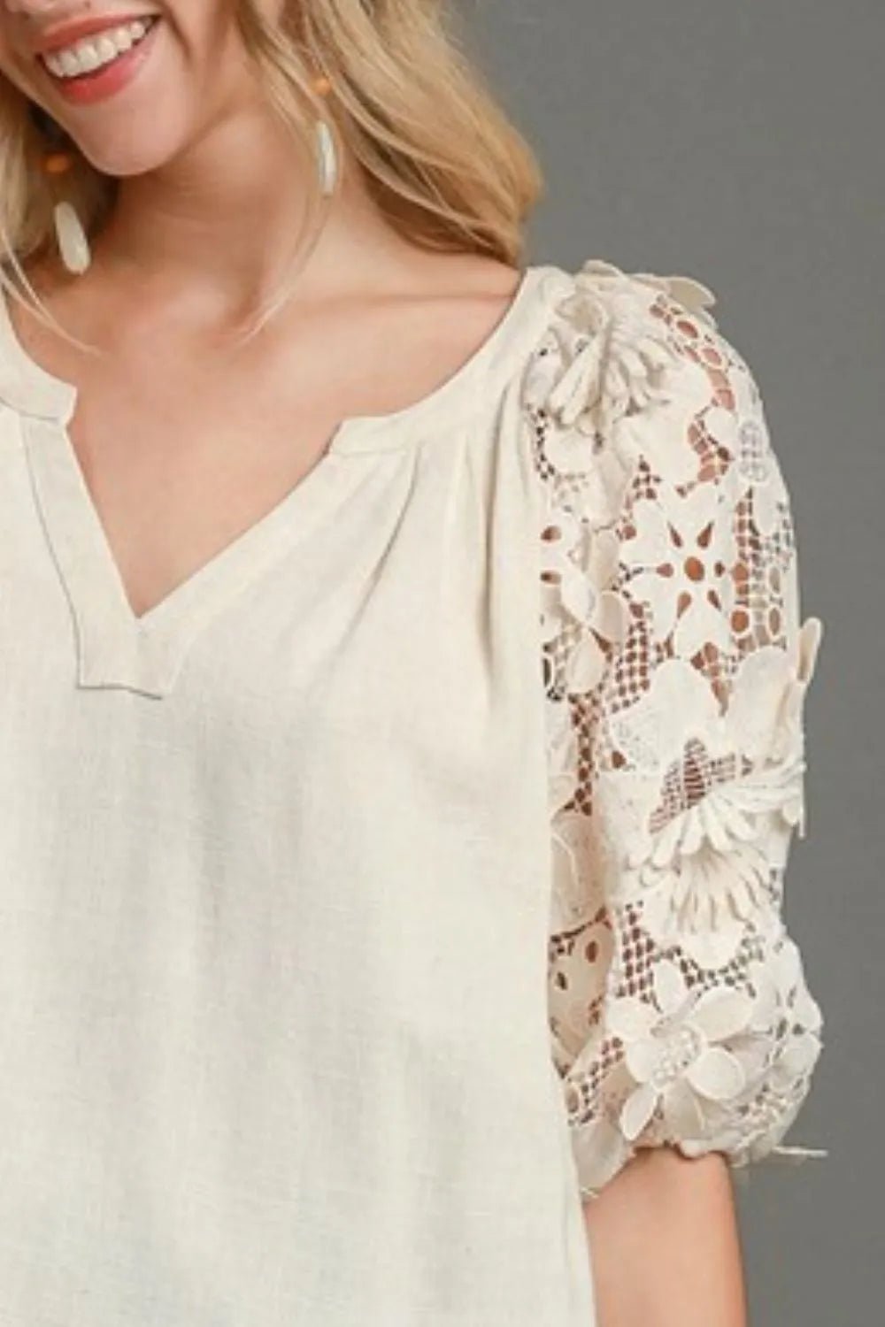 Umgee Full Size French Terry Boxy Cut Top with 3D Floral Sleeve Plus Size - Absolute Discounts