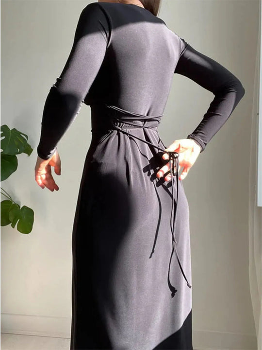 Full Size Tied Long Sleeve Bodycon Midi Dress Plus Size - Absolute Discounts
