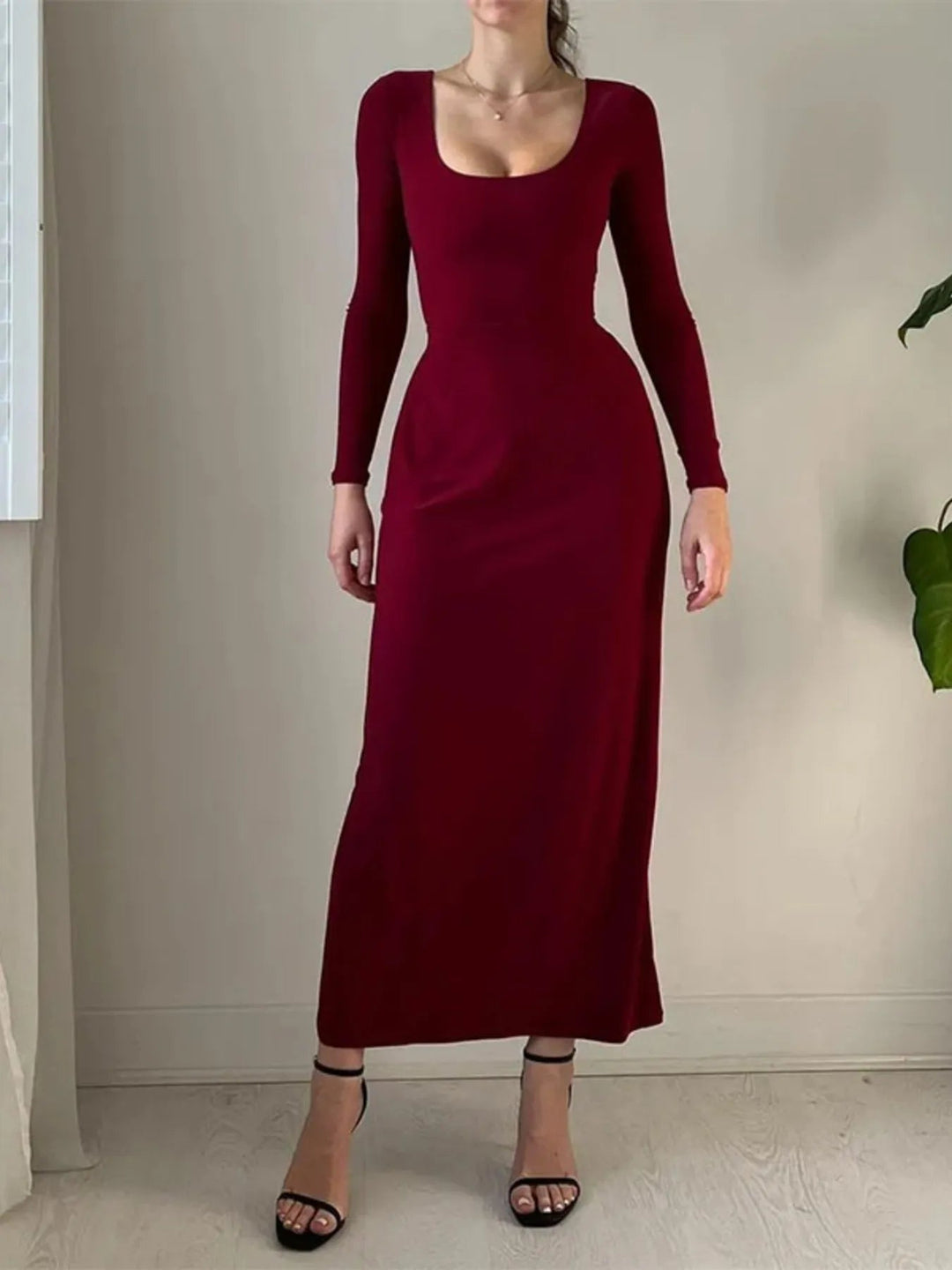 Full Size Tied Long Sleeve Bodycon Midi Dress Plus Size - Absolute Discounts