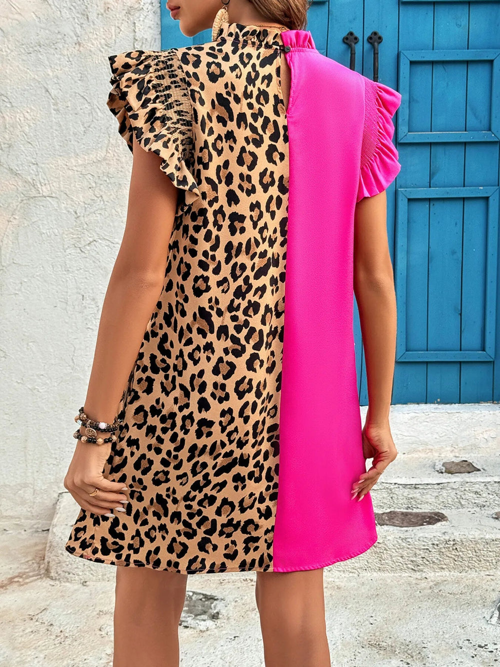 Leopard Color Block Ruffle Sleeve Dress - Absolute Discounts