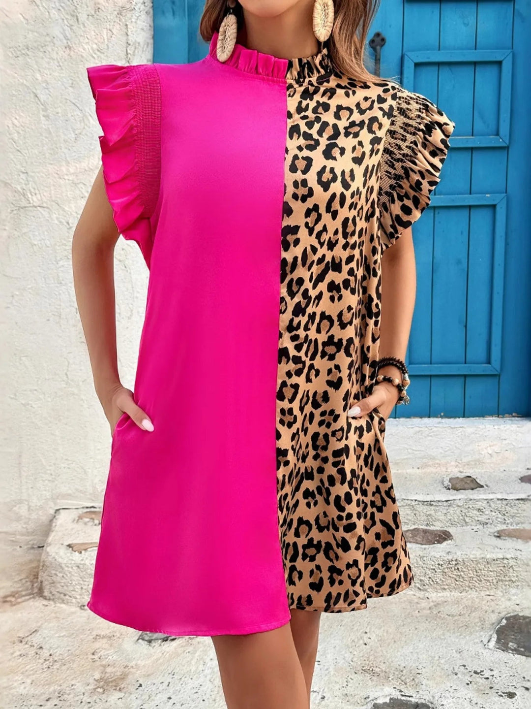 Leopard Color Block Ruffle Sleeve Dress - Absolute Discounts