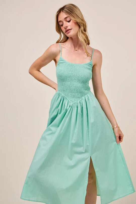 SO ME Smocked Sleeveless Casual Everyday Dress With Slit - Absolute Discounts