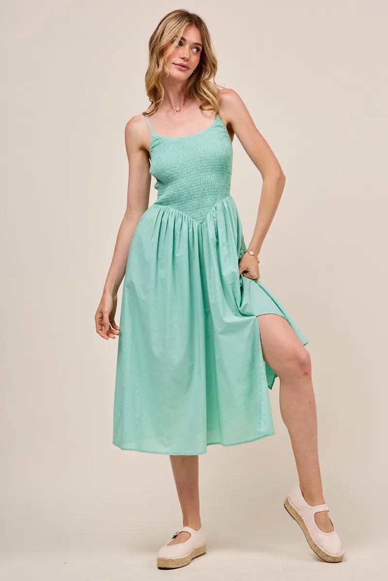 SO ME Smocked Sleeveless Casual Everyday Dress With Slit - Absolute Discounts