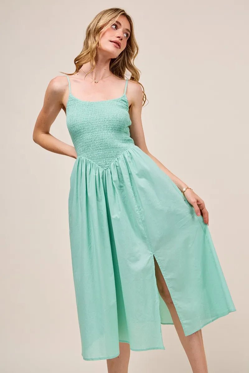 SO ME Smocked Sleeveless Casual Everyday Dress With Slit - Absolute Discounts