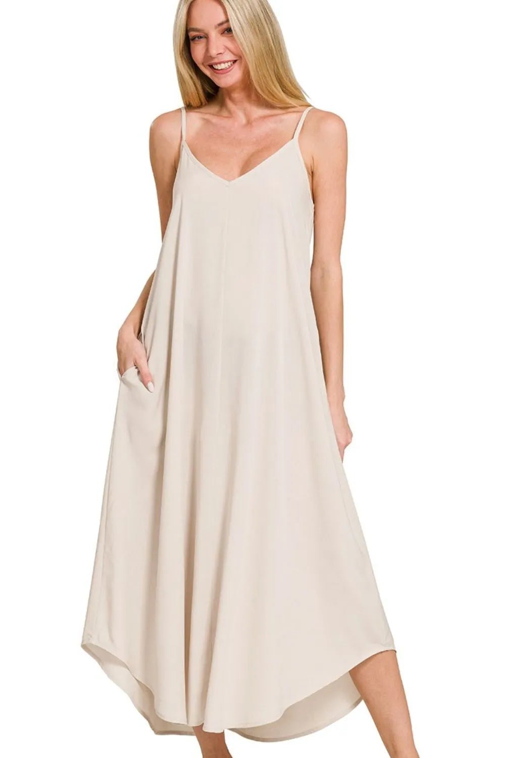 Zenana Woven Arc Hem Cami Dress With Flowy Pockets - Absolute Discounts