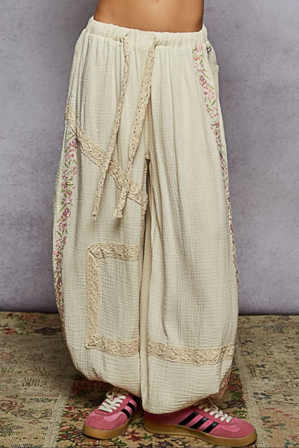 POL Floral Embroidered Drawstring Joggers with Lace Trim - Absolute Discounts