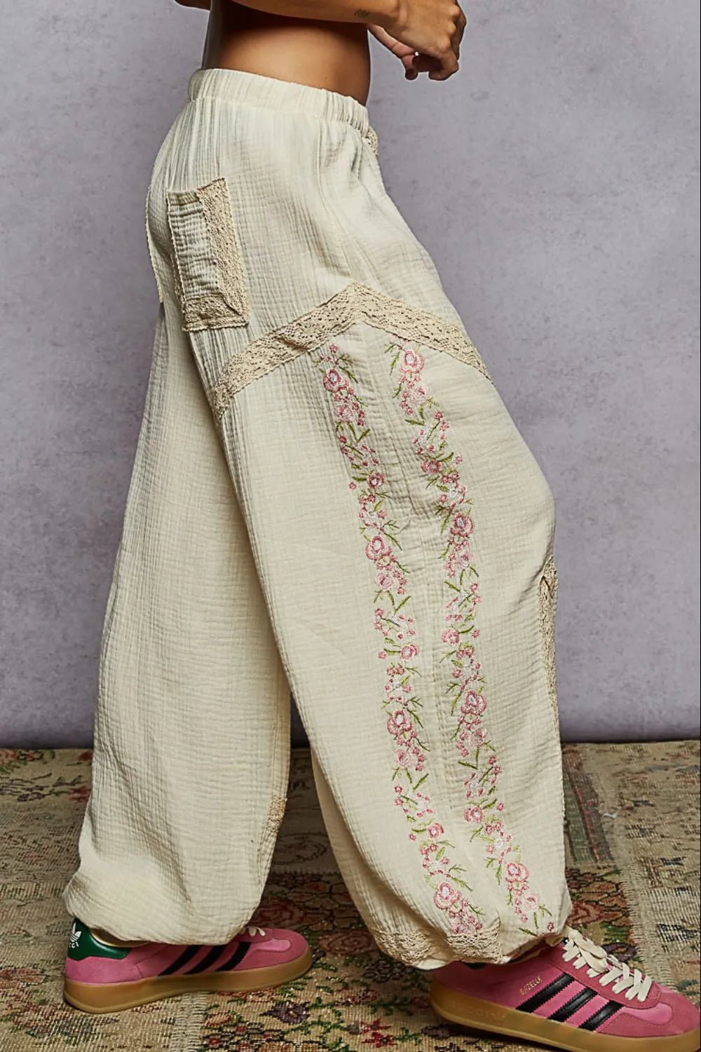 POL Floral Embroidered Drawstring Joggers with Lace Trim - Absolute Discounts