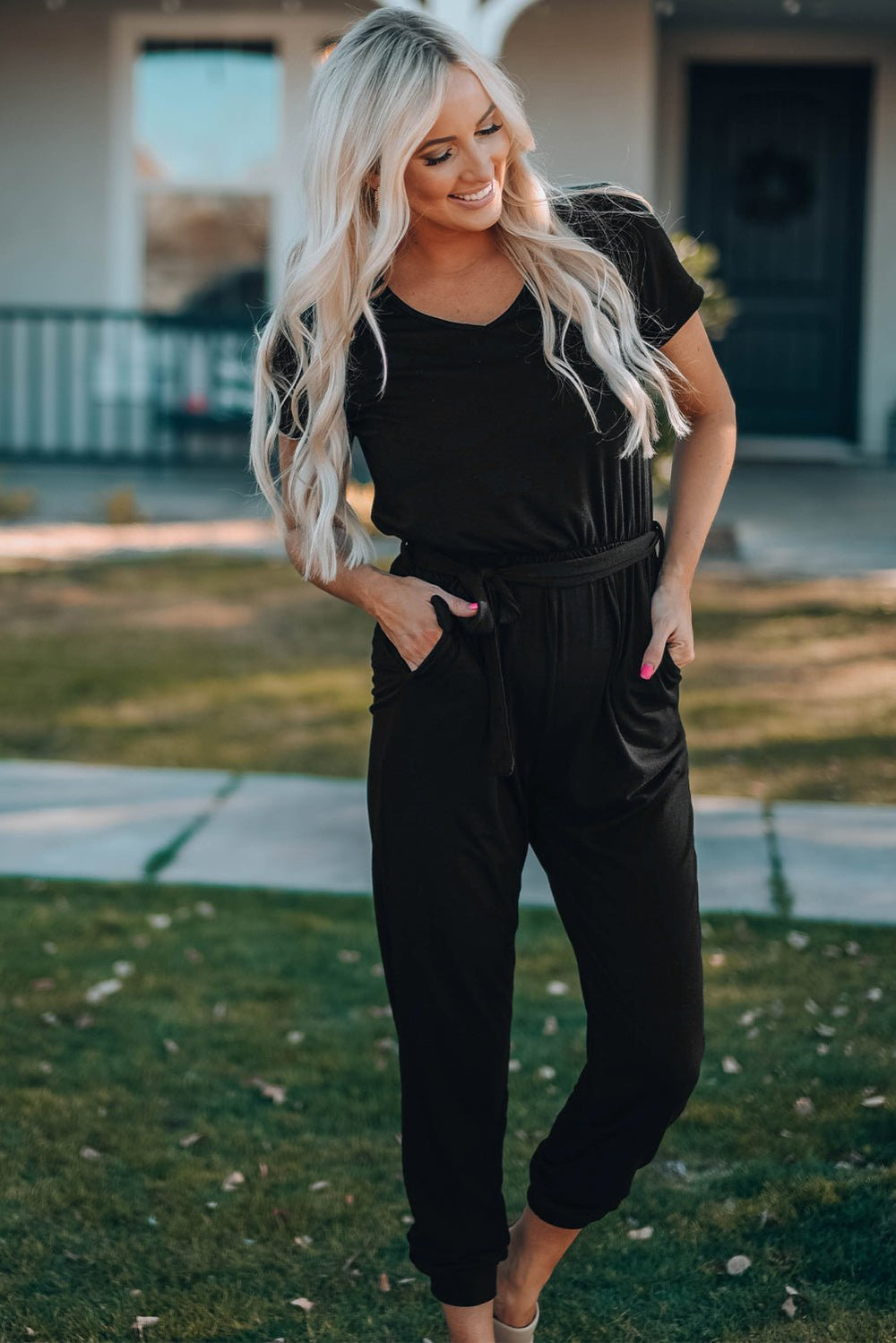 Belted V - Neck Jogger Jumpsuit - Absolute Discounts