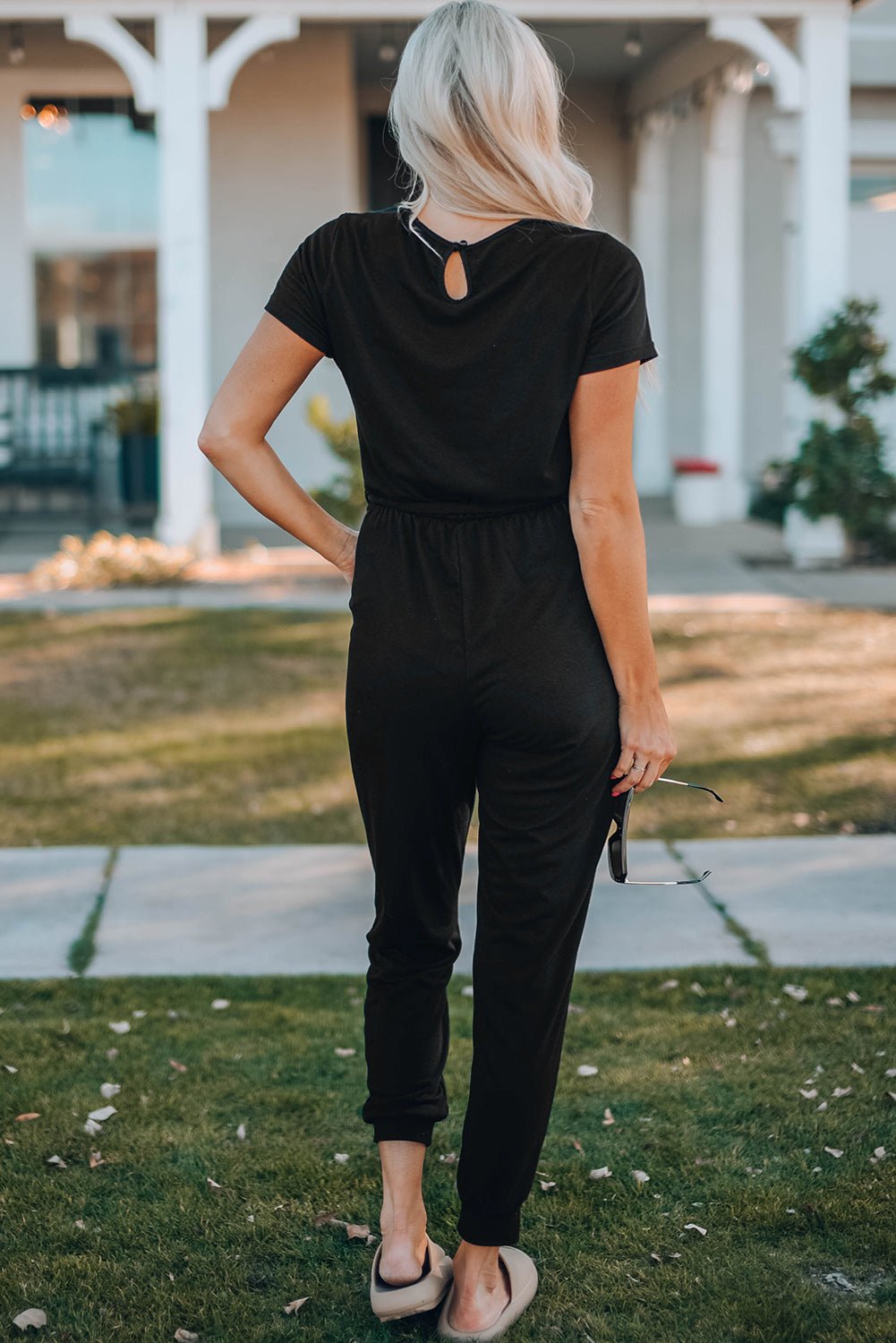Belted V - Neck Jogger Jumpsuit - Absolute Discounts