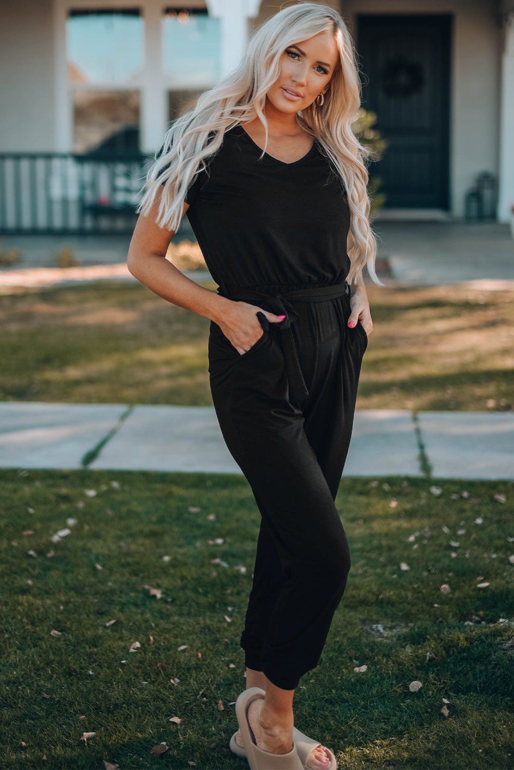 Belted V - Neck Jogger Jumpsuit - Absolute Discounts