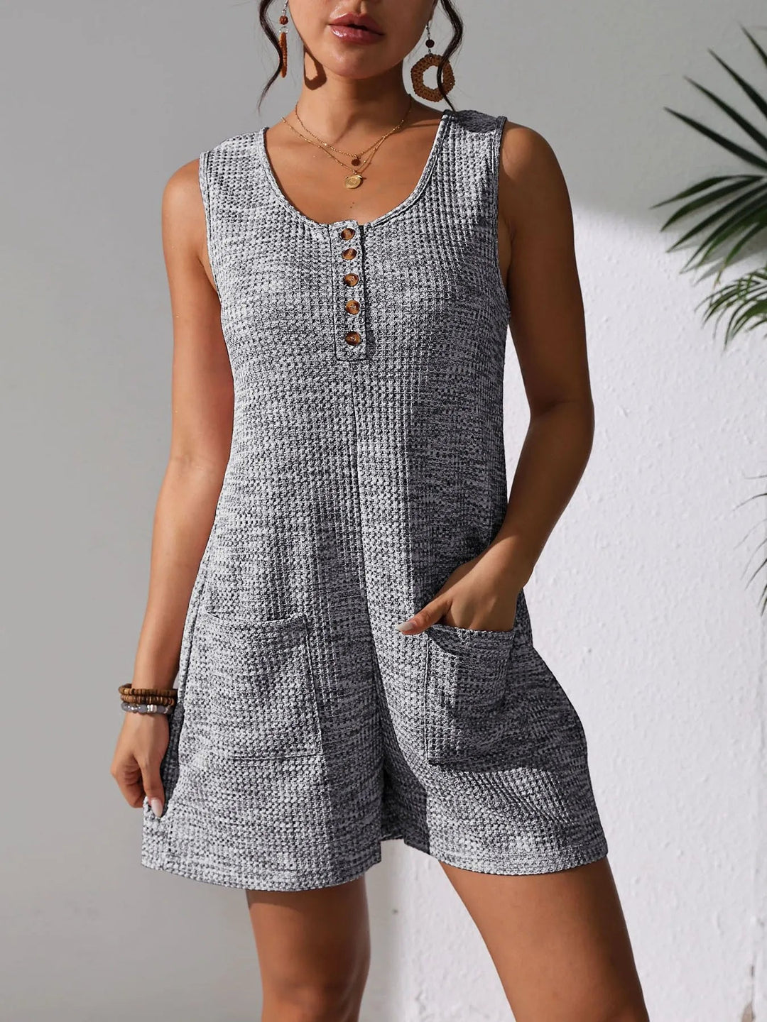 Full Size Button Front Romper with Pockets Plus Size - Absolute Discounts