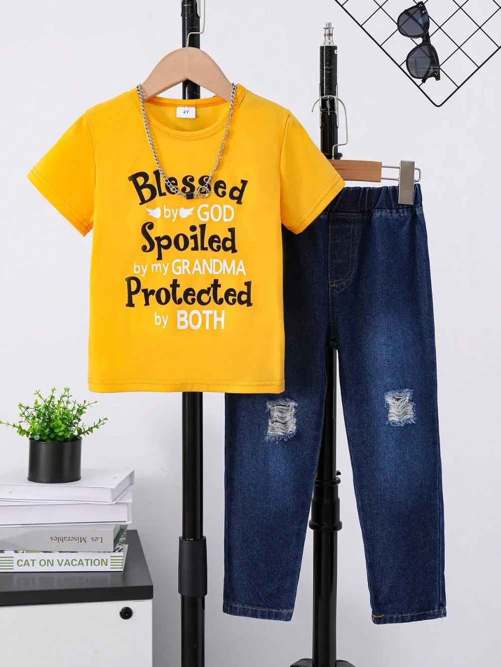 Children's Round Neck Letter Graphic T-Shirt and Distressed Jeans Set - Absolute Discounts