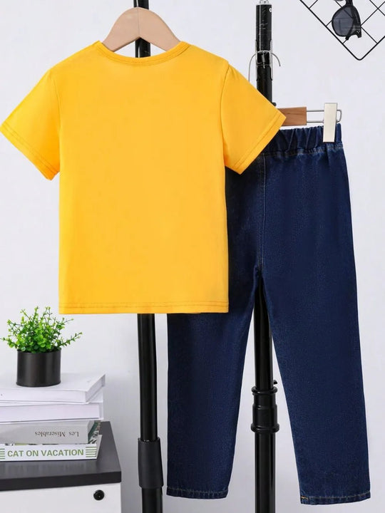 Children's Round Neck Letter Graphic T-Shirt and Distressed Jeans Set - Absolute Discounts