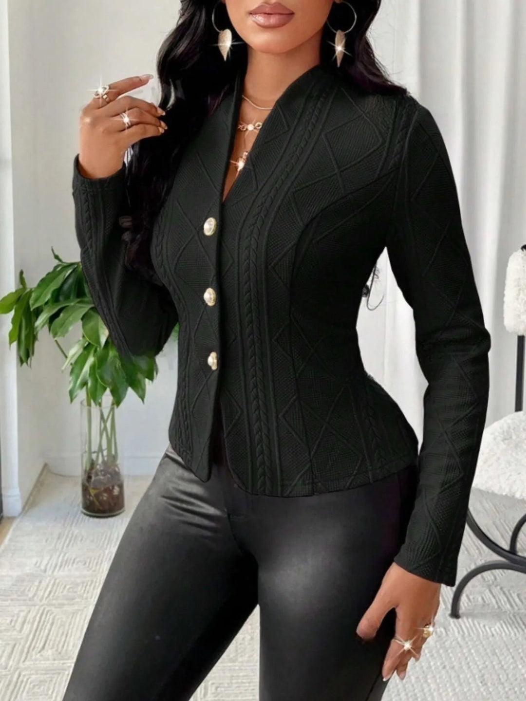 Textured Button Up Long Sleeve Jacket - Absolute Discounts