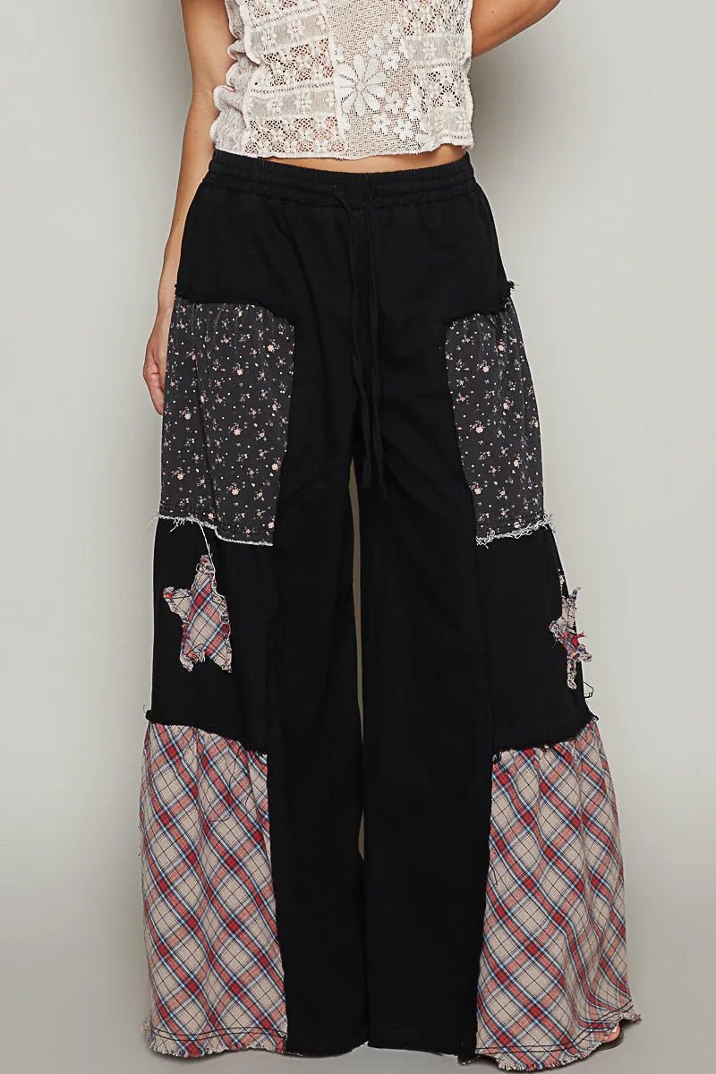 POL Drawstring Star Patch Contrast Wide Leg Pants - Absolute Discounts