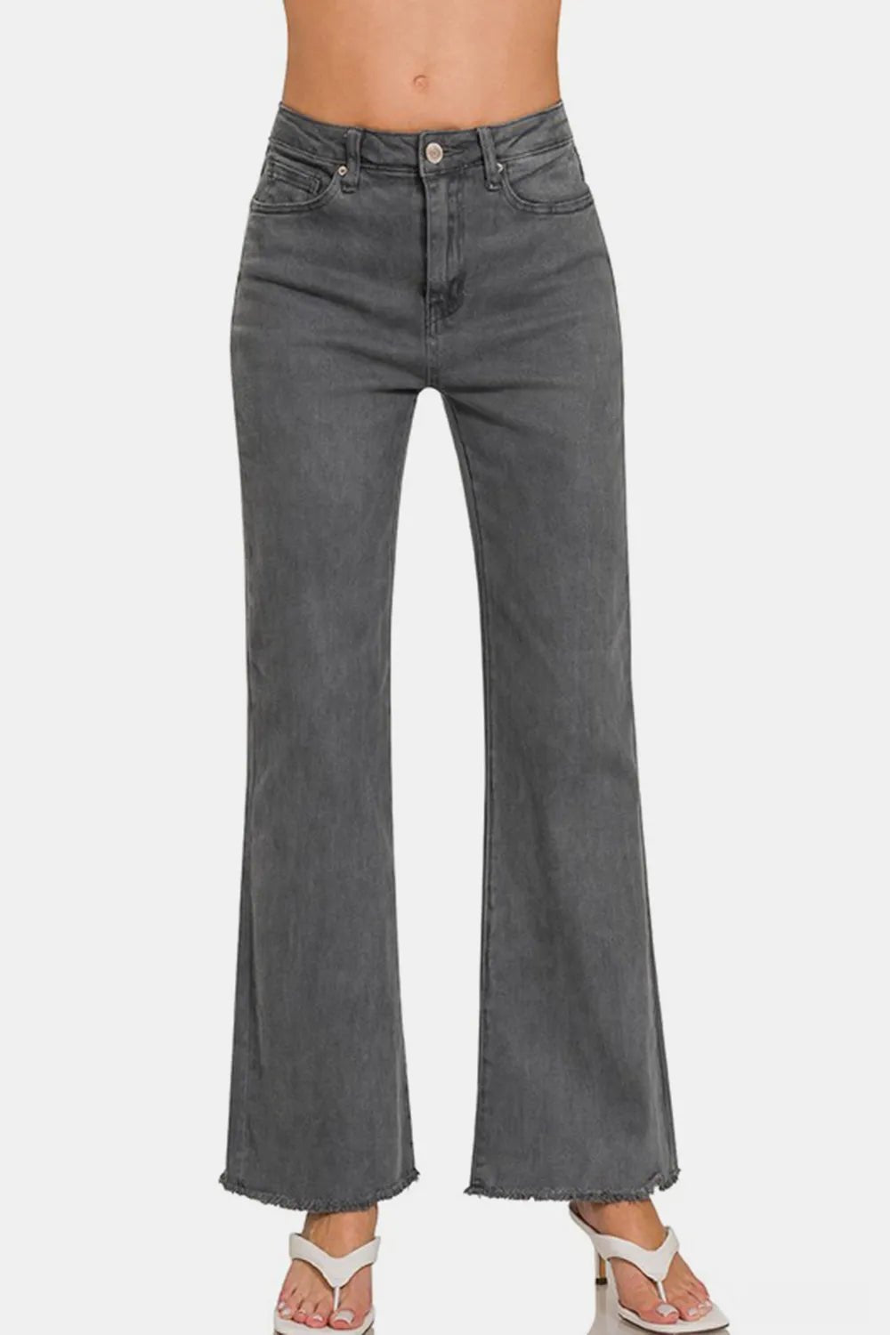 Zenana Acid Washed Frayed Hem Bootcut Jeans - Absolute Discounts
