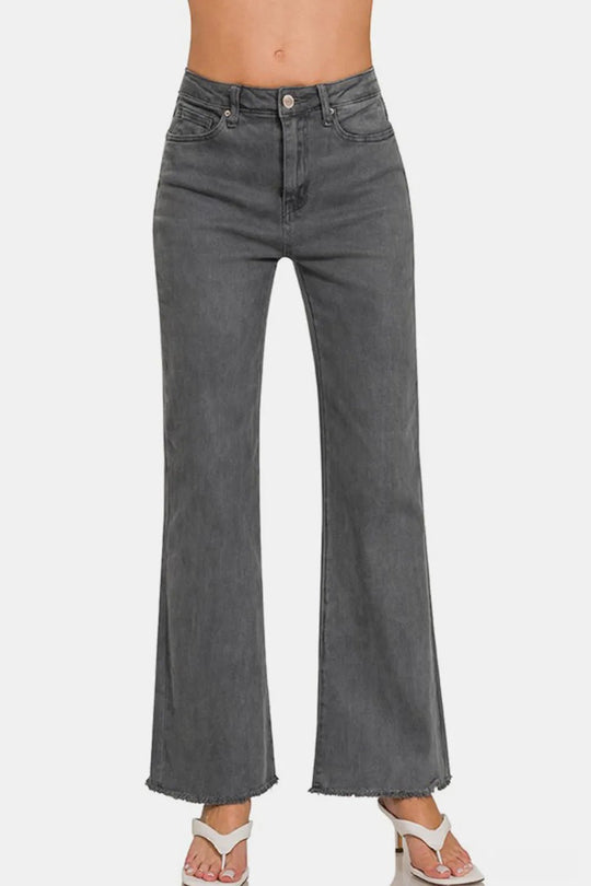 Zenana Acid Washed Frayed Hem Bootcut Jeans - Absolute Discounts